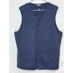 True Measure of a Man Mens Large Blue Merino Wool Button Up Vest Layering Preppy